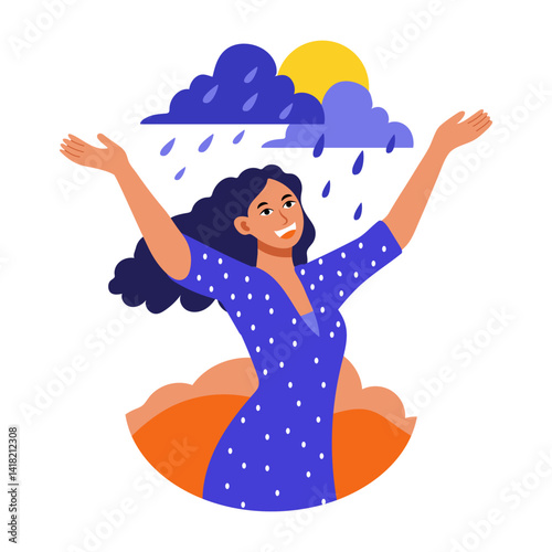A flat style illustration of a girl doing a rain dance