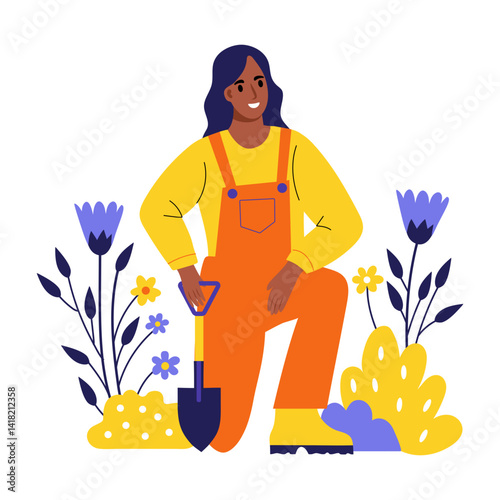 Flat style illustration of a woman doing gardening