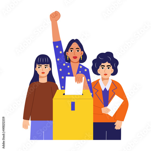 A flat style illustration depicting women voting