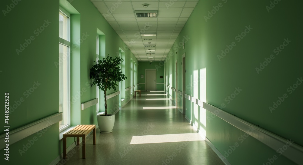 Serene Green Corridor in a Calm Hospital - Tranquil hospital hallway, symbolizing peace, healing, hope, recovery, and serenity. A calming and peaceful atmosphere