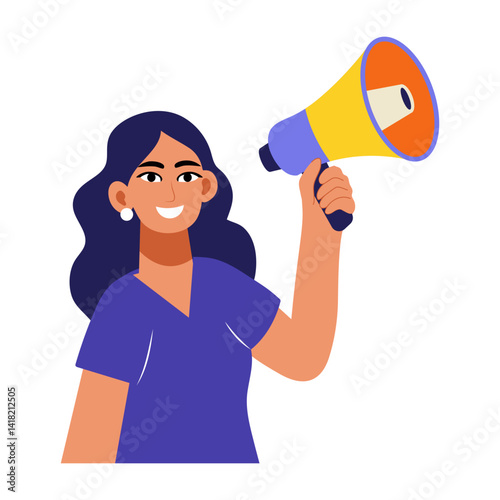 A girl holding megaphone in hand, flat style illustration
