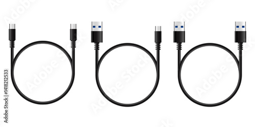 Usb cable connectors. Realistic set of phone jacks for cabling in black color. vector illustration