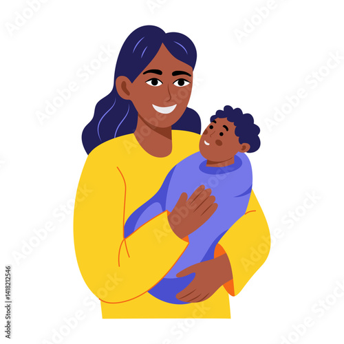 Flat style illustration of a mother holding baby