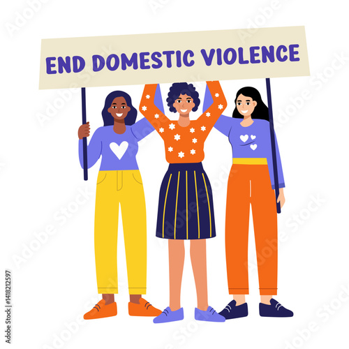 A flat style illustration showing women march
