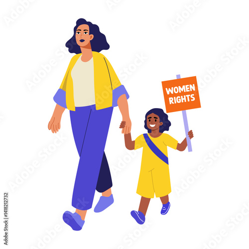 A flat style illustration of a mother protesting with her daughter