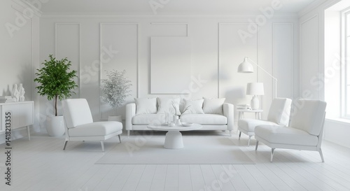 Obraz na płótnie Serene White Living Room Minimalist Interior Design - Modern minimalist living room, white furniture, decorative plants, serene atmosphere, elegant . Symbolising peace, simplicity, purity, elegance w salonie