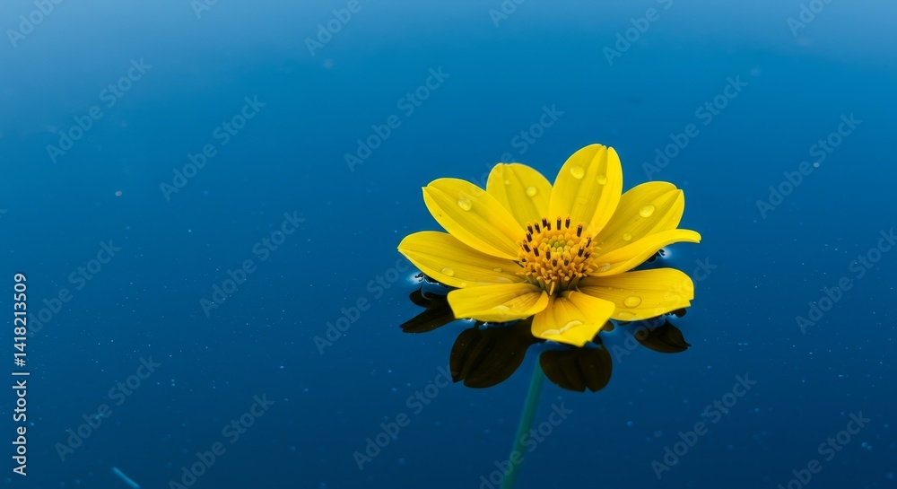Serene Yellow Flower on Blue Water - A vibrant yellow flower floats gracefully on calm blue water, symbolizing peace, tranquility, beauty, resilience, and new beginnings
