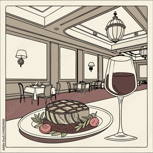 A glass of wine with a gourmet meal in an upscale restaurant. 