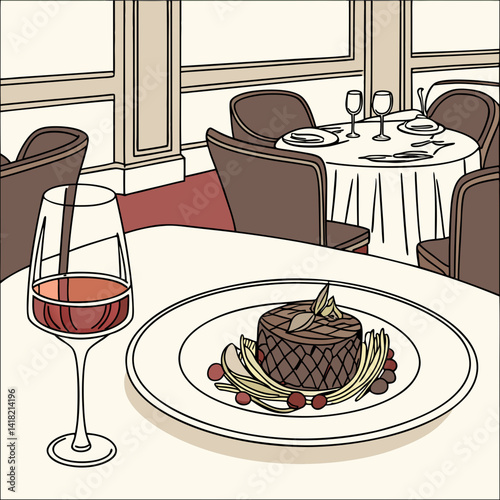A glass of wine with a gourmet meal in an upscale restaurant. 