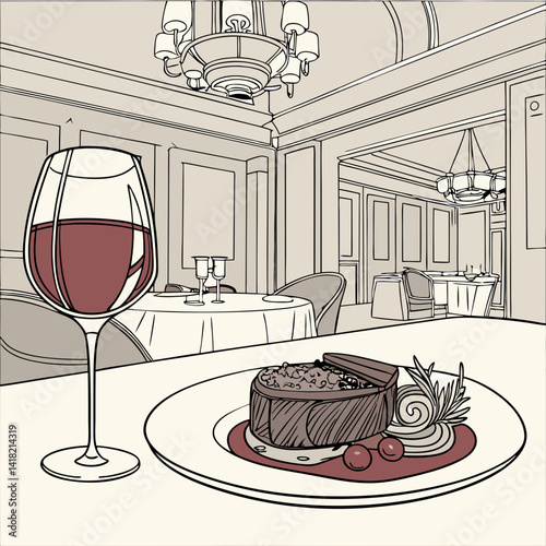 A glass of wine with a gourmet meal in an upscale restaurant. 