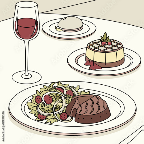 A glass of wine with a gourmet meal in an upscale restaurant. 