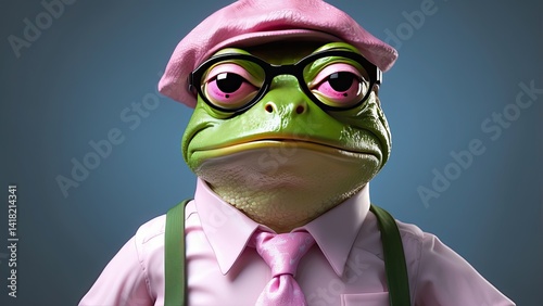 A whimsical green frog wearing large glasses and a pink dress shirt with a tie sits at a desk.