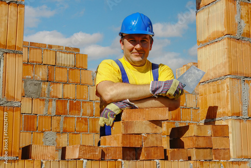 Construction worker wearing yellow t-shirt and blue helmet holding stainless steel trowel posing among unfinished brick house walls