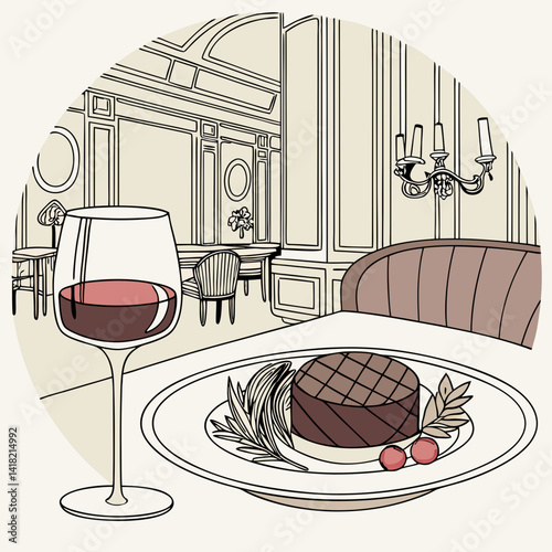 A glass of wine with a gourmet meal in an upscale restaurant. 