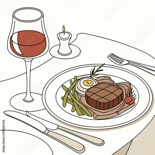 A glass of wine with a gourmet meal in an upscale restaurant. 