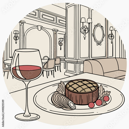 A glass of wine with a gourmet meal in an upscale restaurant. 