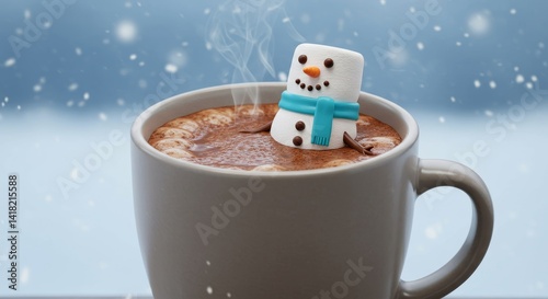 Obraz na płótnie Snowman in Hot Chocolate - A cute snowman marshmallow melts in a steaming mug of hot chocolate, a cozy winter scene w salonie