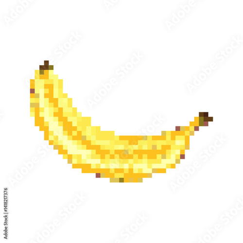 Banana pixelated vector illustration. Fruit in pixel art. Bananas pixel icon. Isolated on white background. Fruits from cubes. Vintage game style. Vibrant shades.