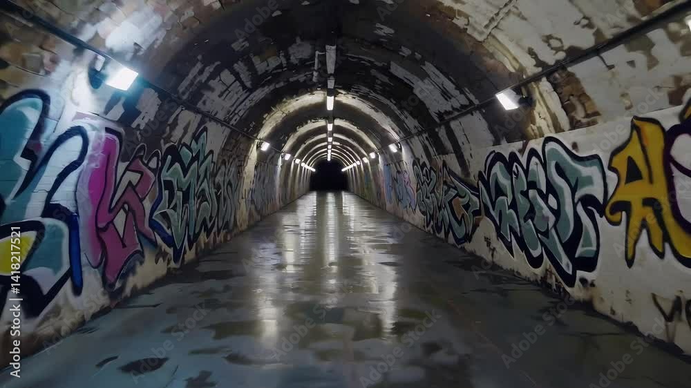 Eerie Tunnel with Colorful Graffiti and Reflections on Wet Floor