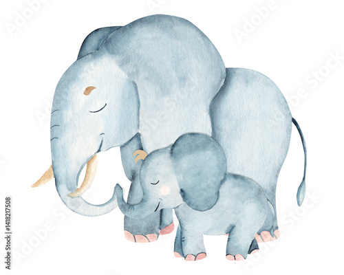 Elephant Family. Baby elephant and his mother or father. Hand drawn Safari illustration of wild animal isolated on a white background. For cards and prints.