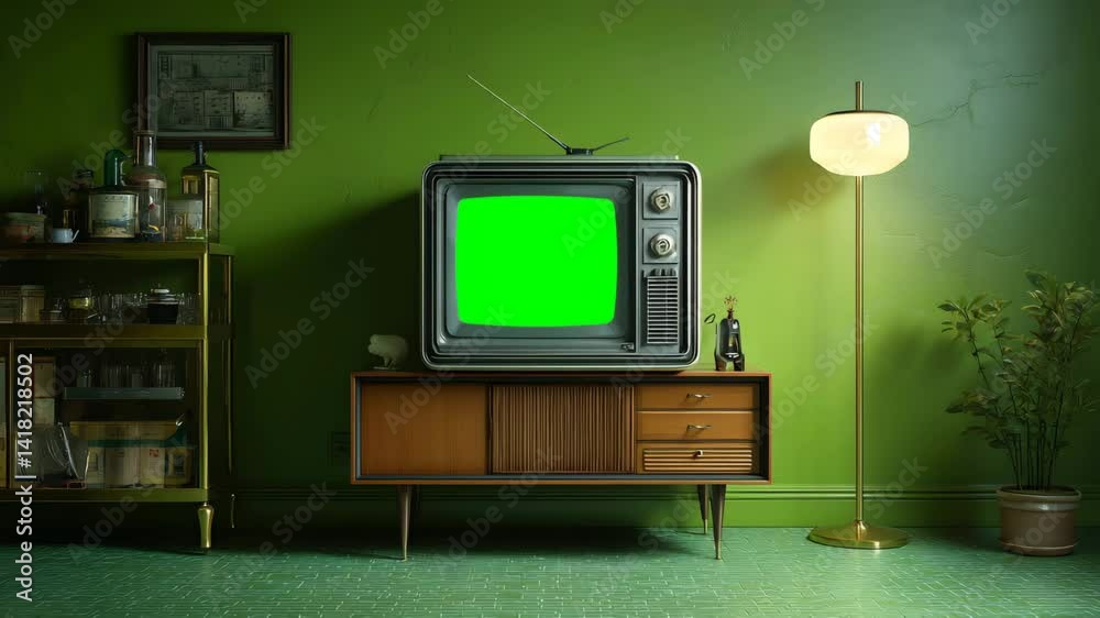 Vintage television with green screen in retro living room setting – nostalgic mockup scene perfect for creative video overlays, design templates, and storytelling visuals

