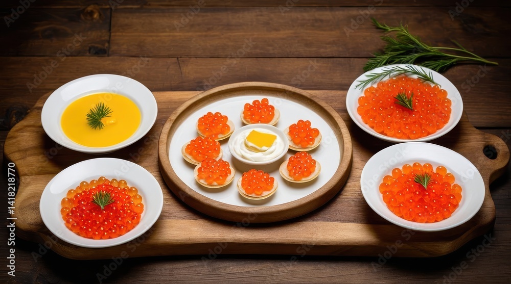 Mini pancakes topped with vibrant red caviar and cream, elegantly presented on a wooden board with lemon and extra caviar, create a visually stunning appetizer spread Mini pancakes topped with vibrant red caviar and cream, elegantly presented on a wooden board with lemon and extra caviar, create a visually stunning appetizer spread