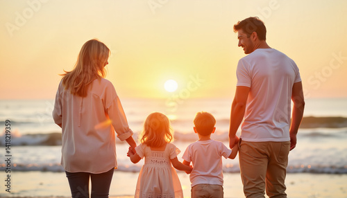 Smiling family holding hands on beach at sunset, celebrating unity
