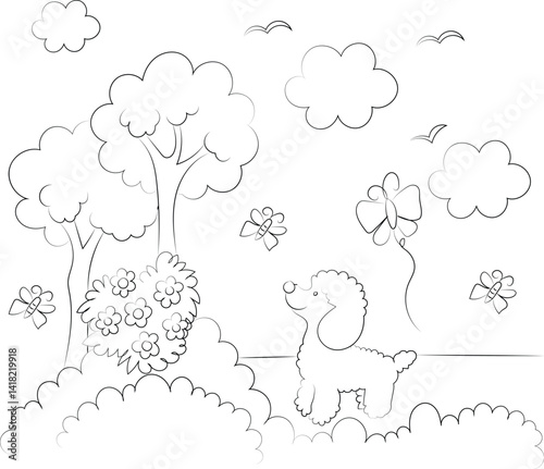 A funny cartoon vector illustration features a sheep and dog, a sheep and rabbit, and a rabbit with a bouquet, all in a simple coloring book style outline drawing for children's animal art