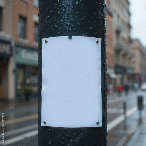 Missing person poster blank on pole in rainy urban setting without any information