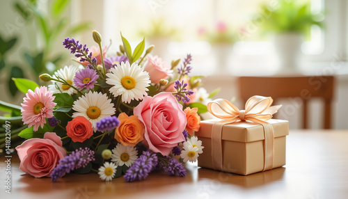 Colorful bouquet with gift box on wooden table, warm celebration
