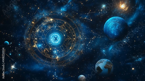 A starry night sky with a celestial zodiac wheel and surrounding planets