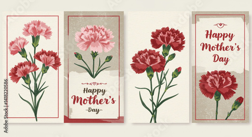 Mother's Day greeting card set with red and pink carnation flowers – vintage floral vector