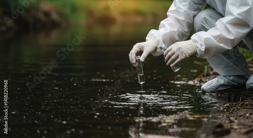 Woman scientist collecting river water sample in vial for environmental analysis of water quality and pollution monitoring concept for field testing and lab research