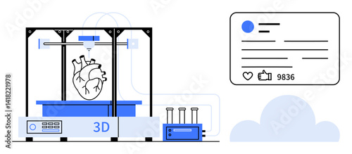 3D printer producing a heart model, with a social media post featuring thumbs ups and comments. Ideal for medical innovation, bioengineering, technology, social media impact, future trends