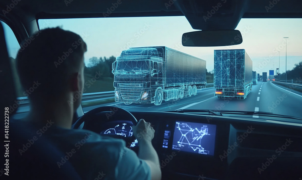 Futuristic truck driving experience with holographic interface and digital trucks on highway.