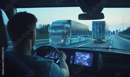 Obraz na płótnie Futuristic truck driving experience with holographic interface and digital trucks on highway. w salonie