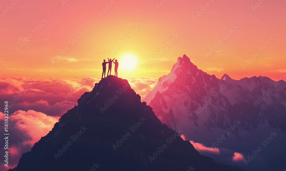 Sunset Silhouette of Hikers Celebrating on Mountain Peak Above Clouds with Majestic Snow-Capped Mountains in Background. Sunset Silhouette of Hikers Celebrating on Mountain Peak Above Clouds with Majestic Snow-Capped Mountains in Background.