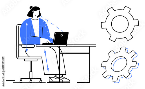 Woman seated at desk using laptop with gear icons symbolizing productivity, workflow, and optimization. Ideal for workplace ideas, efficiency, innovation, technology, teamwork, planning simple