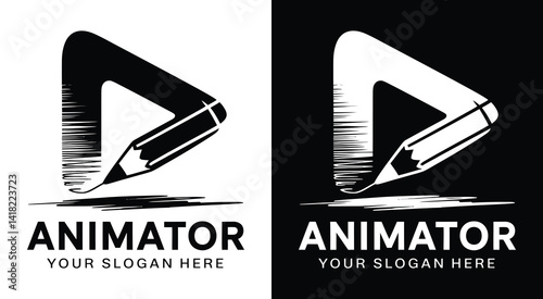 Dynamic play button and pencil logo for animators representing frame-by-frame creativity and engaging motion graphics
