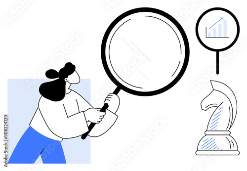 Wallpaper Mural Woman holding magnifying glass examines details, accompanied by growth chart and chess knight. Ideal for analysis, strategy, planning, decision-making, growth, research focus. Flat simple metaphor Torontodigital.ca