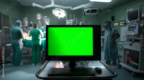 Green screen medical monitor in operating room with surgical team in background – perfect mockup for healthcare tech, medical software, and hospital presentations

