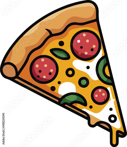 slice of cheesy pepperoni pizza icon silhouette, vector pizza slice with toppings, 