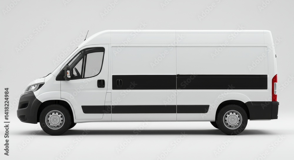 White Delivery Van Side Profile - Clean of a white delivery van with a black stripe, isolated on a white background. Perfect for transportation or logistics businesses