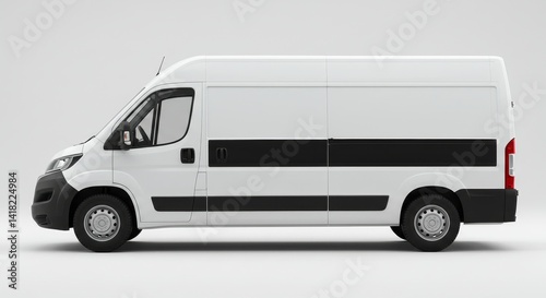 Obraz na płótnie White Delivery Van Side Profile - Clean of a white delivery van with a black stripe, isolated on a white background. Perfect for transportation or logistics businesses w salonie