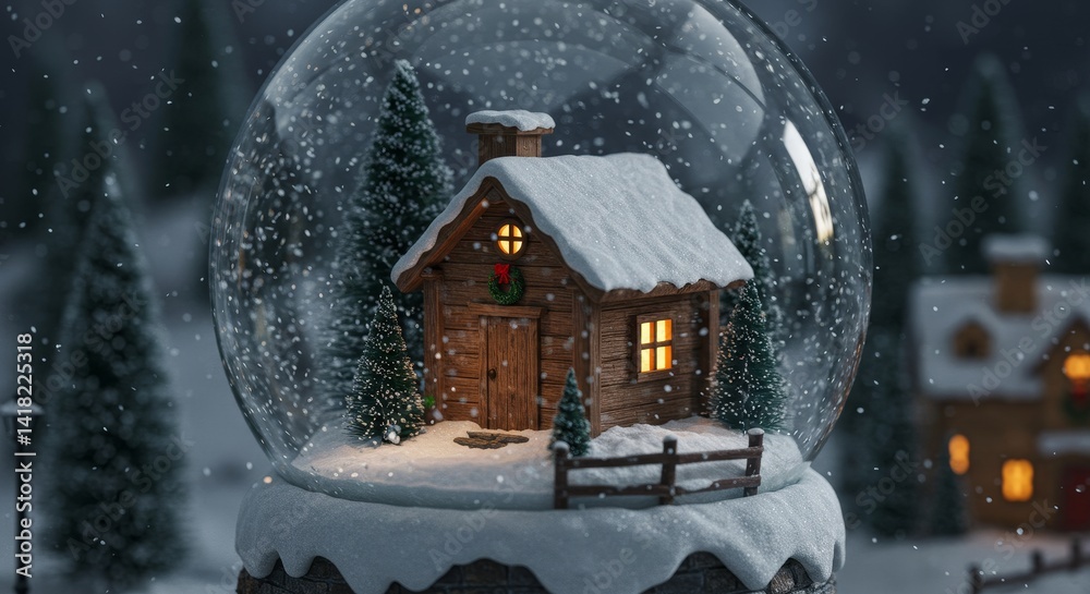 Winter Wonderland Snow Globe - A charming snow globe depicts a cozy cabin nestled in a snowy winter landscape, illuminated by warm interior lights