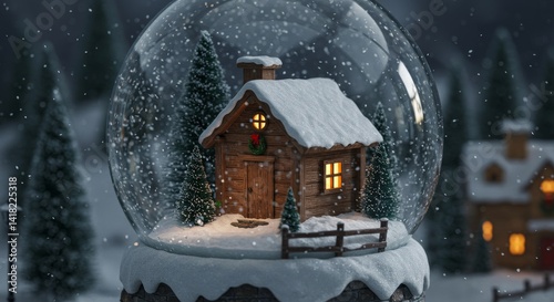 Obraz na płótnie Winter Wonderland Snow Globe - A charming snow globe depicts a cozy cabin nestled in a snowy winter landscape, illuminated by warm interior lights w salonie