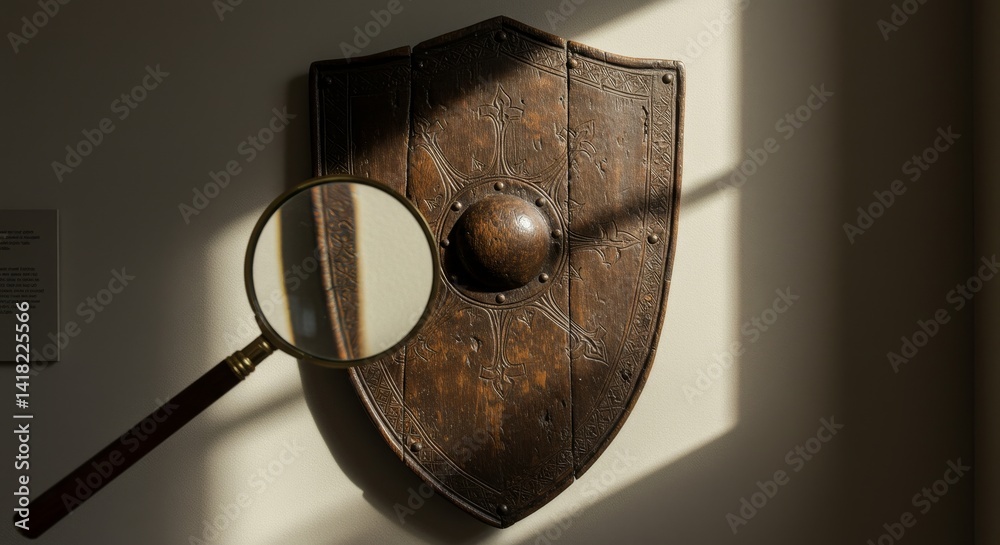 Wooden Shield and Magnifying Glass - A weathered wooden shield, detailed with carvings, is examined closely with a magnifying glass. The symbolizes history, investigation, protection, detail