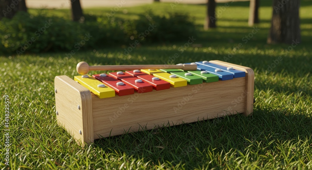 Wooden Xylophone on Grassy Lawn - Colorful wooden xylophone outdoors, symbolizing music, childhood, nature, play, and joy