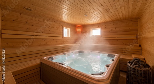 Obraz na płótnie Wooden Sauna with Hot Tub Relaxation - Luxurious sauna experience, featuring a built-in hot tub, wooden interior, steam, relaxation, and wellness w salonie