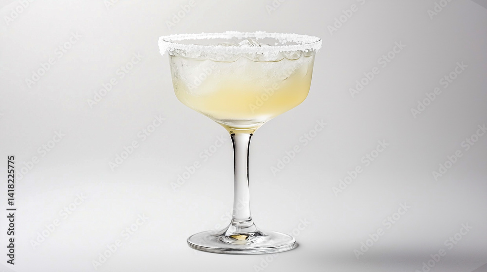 Minimalist margarita cocktail with ice cubes and salted rim in a clear glass on a neutral background Minimalist margarita cocktail with ice cubes and salted rim in a clear glass on a neutral background